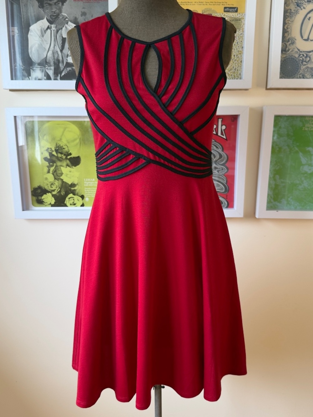 Red & Black Cage-Detail Fit & Flare MIDI Dress | Y2K Cutout Party | Romantic
